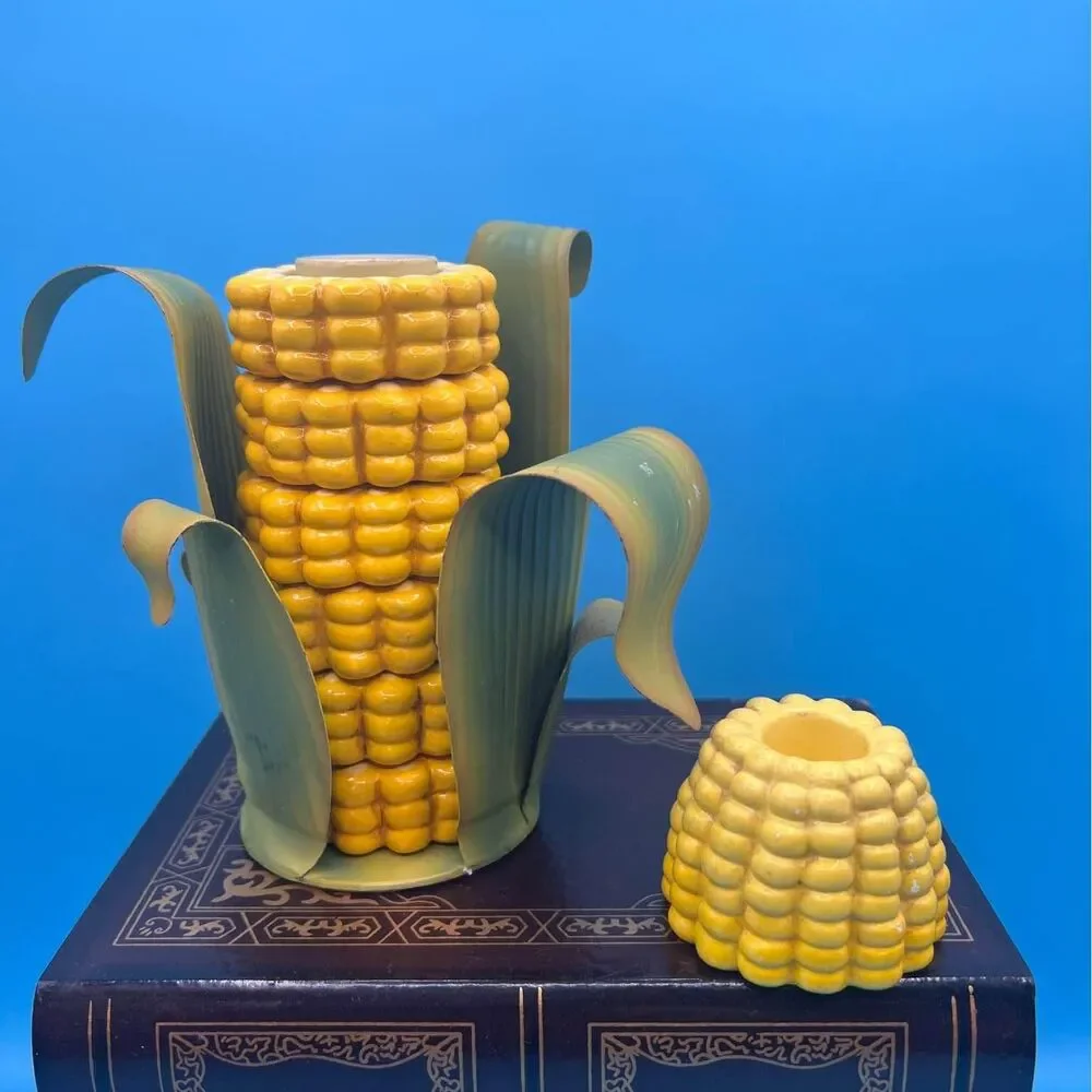 Corn Napkin Rings & Toothpick Holder Ceramic & Metal  Husk Caddy, 8 Pc